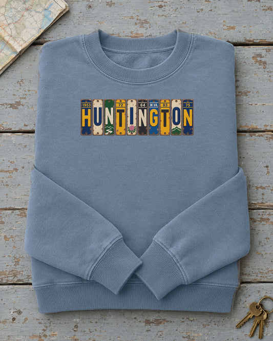 Huntington, West Virginia vintage license plate sweatshirt in Blue Jean