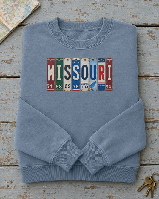 Missouri vintage license plate sweatshirt in Blue Jean
