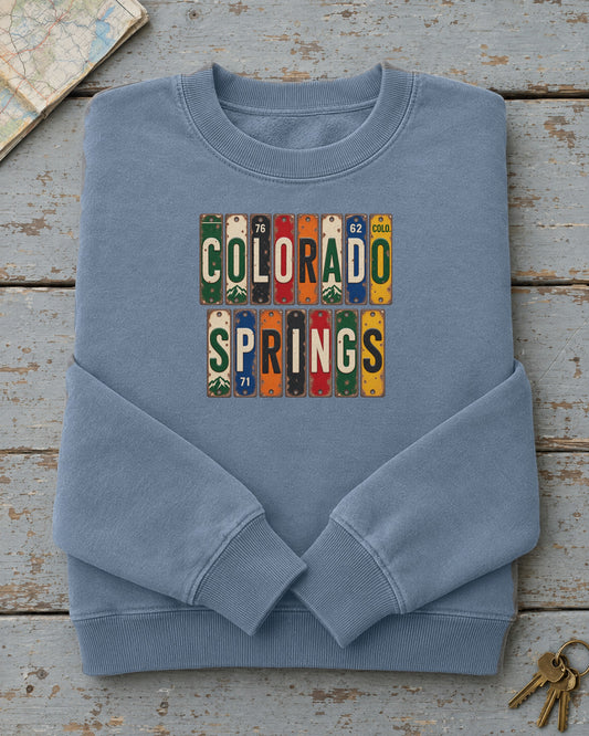 Colorado Springs, Colorado vintage license plate sweatshirt in Blue Jean