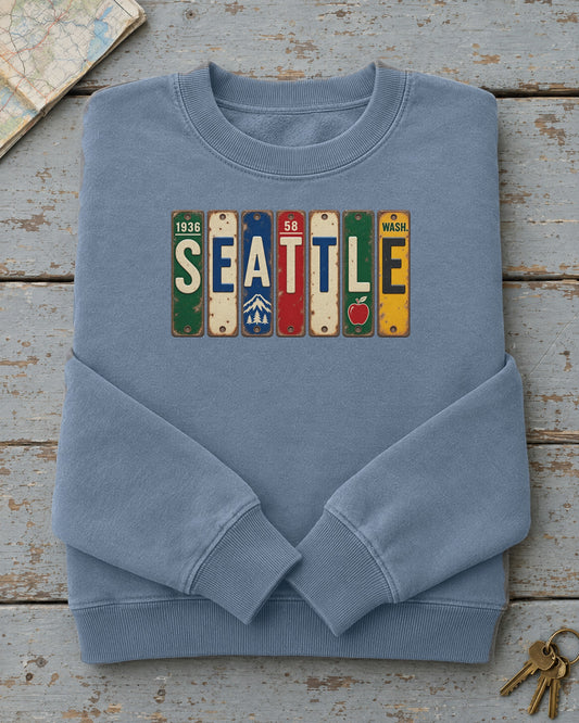 Seattle, Washington vintage license plate sweatshirt in Blue Jean