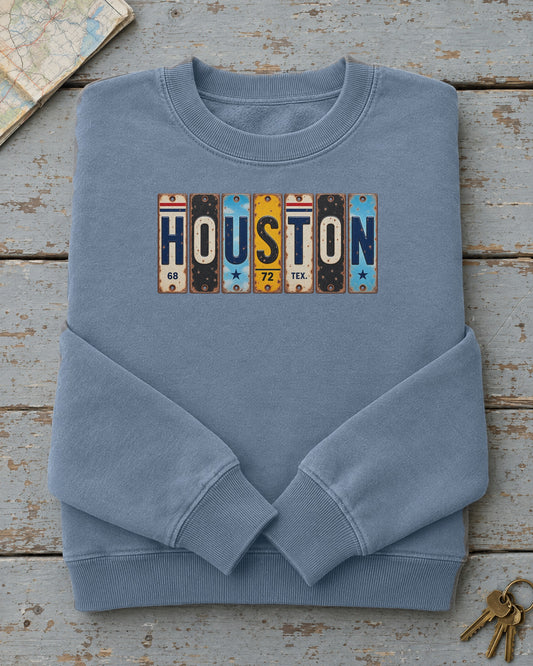 Houston, Texas vintage license plate sweatshirt in Blue Jean