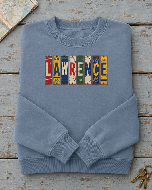 Lawrence, Kansas vintage license plate sweatshirt in Blue Jean