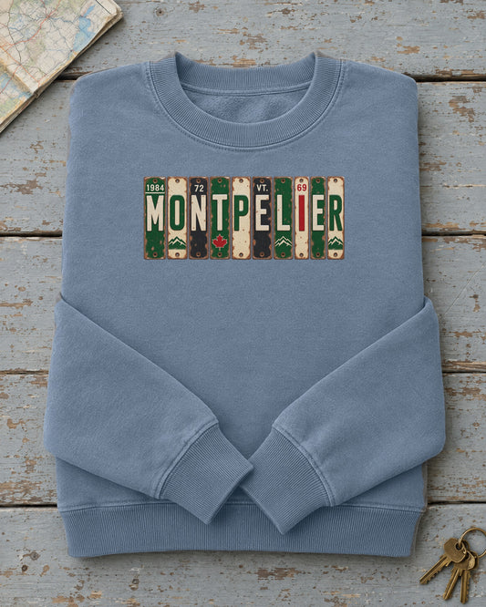 Montpelier, Vermont vintage license plate sweatshirt in Blue Jean