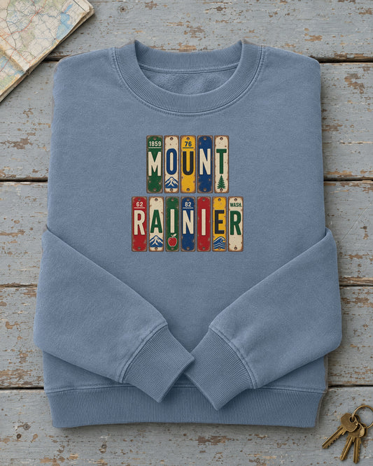 Mount Rainier, Washington vintage license plate sweatshirt in Blue Jean