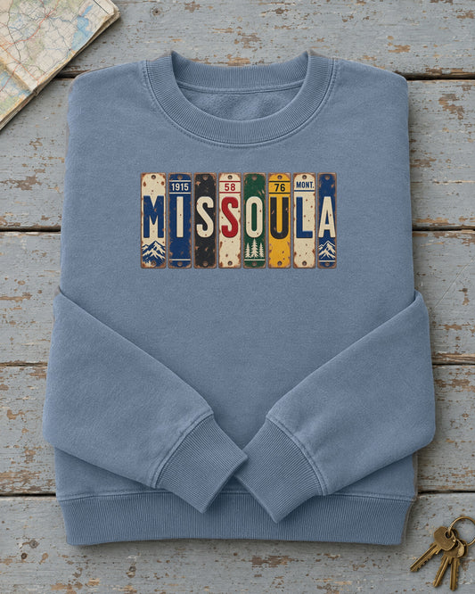 Missoula, Montana vintage license plate sweatshirt in Blue Jean