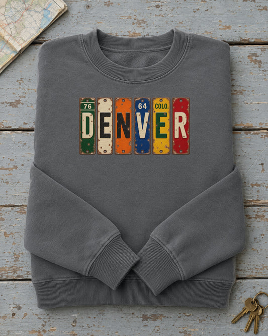 Denver, Colorado vintage license plate sweatshirt in Pepper