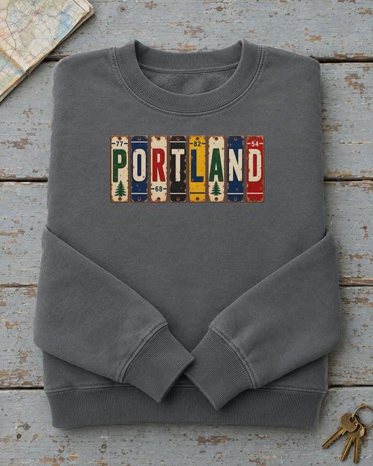 Portland, Maine vintage license plate sweatshirt in Pepper