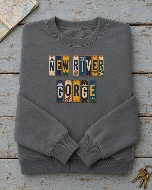New River Gorge, West Virginia vintage license plate sweatshirt in Pepper