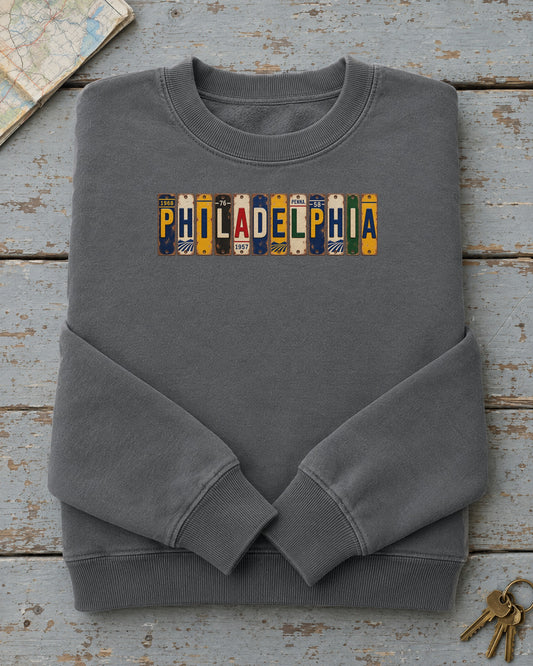Philadelphia, Pennsylvania vintage license plate sweatshirt in Pepper