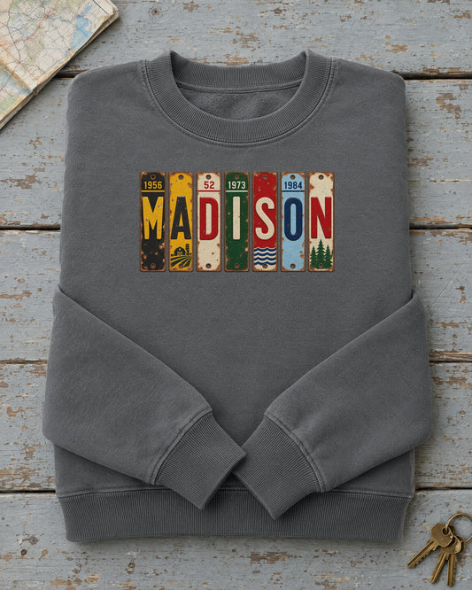 Madison, Wisconsin vintage license plate sweatshirt in Pepper