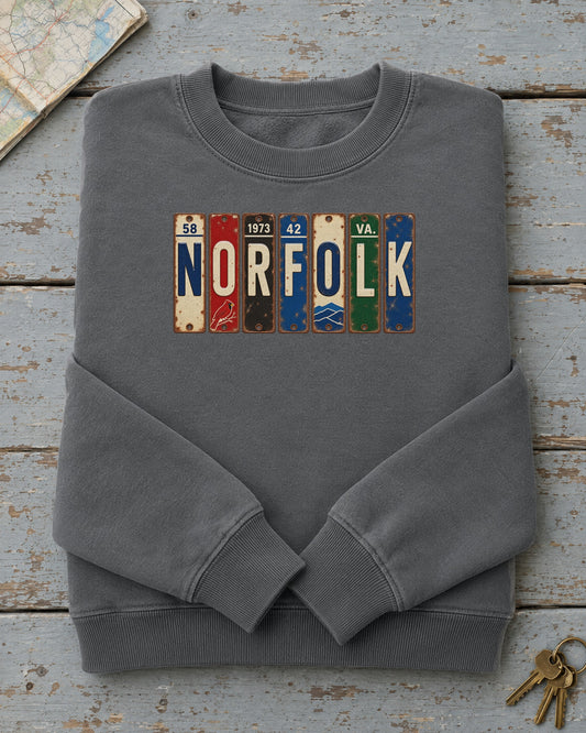 Norfolk, Virginia vintage license plate sweatshirt in Pepper