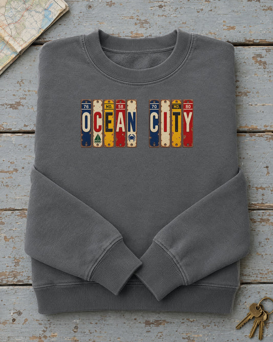 Ocean City, Maryland vintage license plate sweatshirt in Pepper