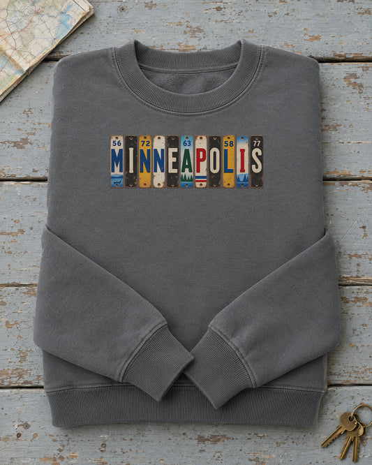 Minneapolis, Minnesota vintage license plate sweatshirt in Pepper