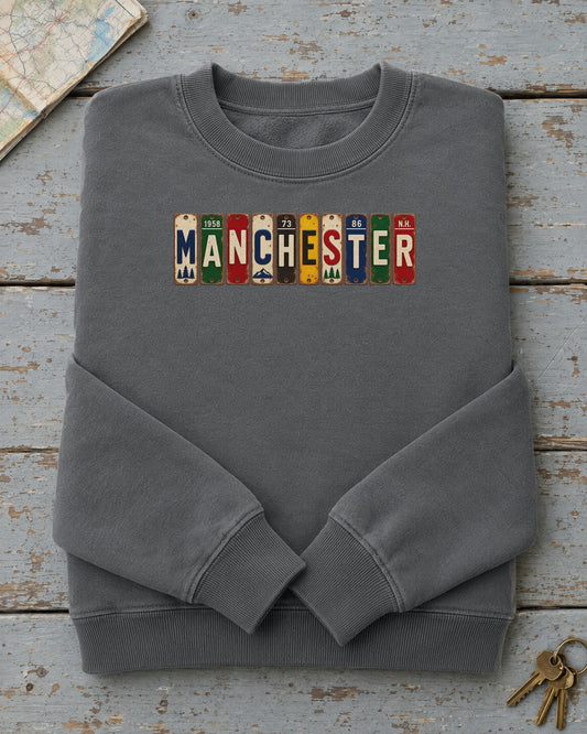 Manchester, New Hampshire vintage license plate sweatshirt in Pepper