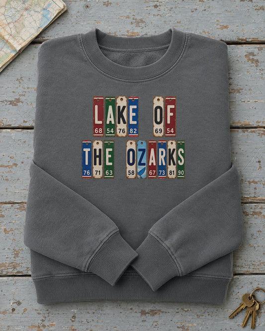 Lake of the Ozarks, Missouri vintage license plate sweatshirt in Pepper