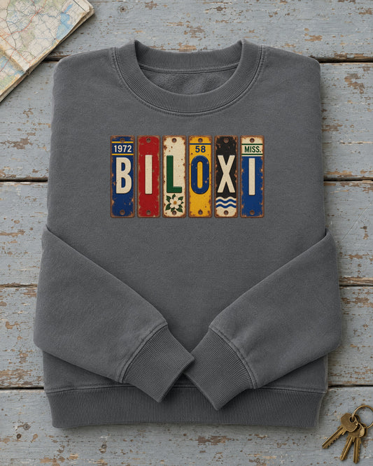 Biloxi, Mississippi vintage license plate sweatshirt in Pepper