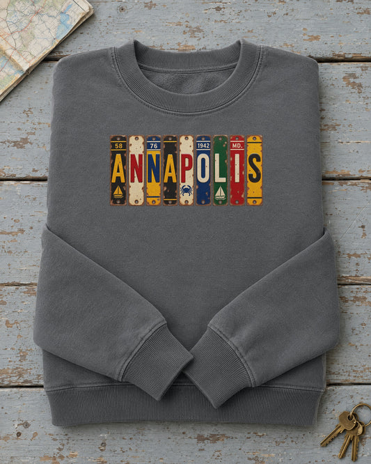 Annapolis, Maryland vintage license plate sweatshirt in Pepper