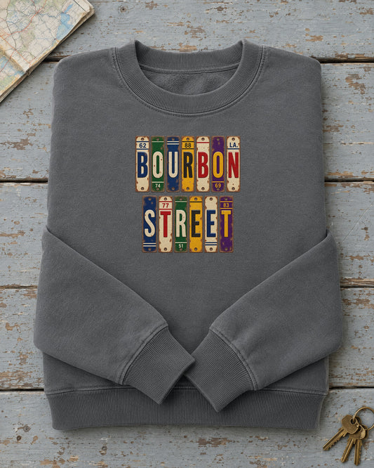 Bourbon Street, Louisiana vintage license plate sweatshirt in Pepper