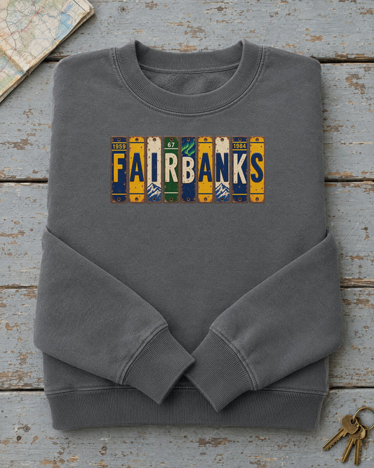 Fairbanks, Alaska vintage license plate sweatshirt in Pepper