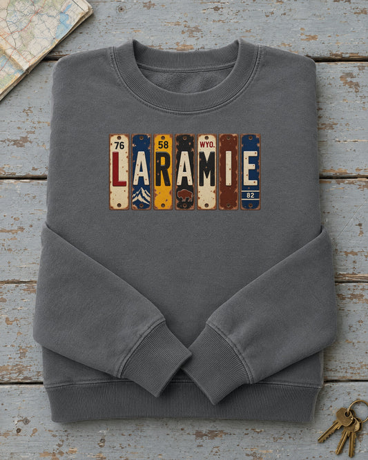 Laramie, Wyoming vintage license plate sweatshirt in Pepper