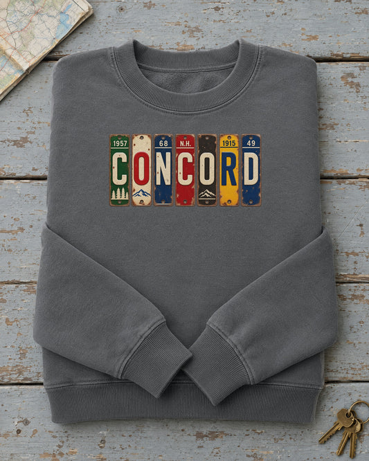 Concord, New Hampshire vintage license plate sweatshirt in Pepper