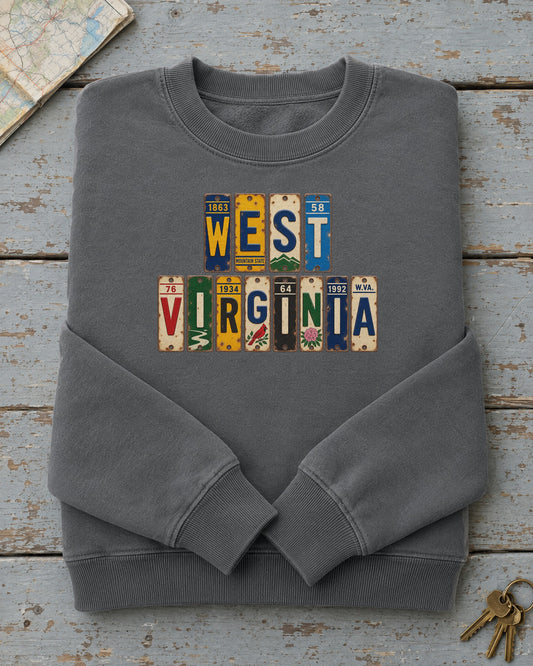 West Virginia vintage license plate sweatshirt in Pepper