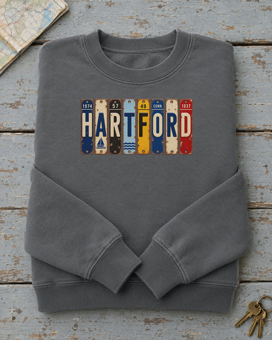 Hartford, Connecticut vintage license plate sweatshirt in Pepper