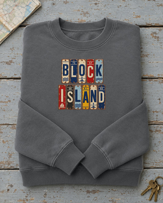 Block Island, Rhode Island vintage license plate sweatshirt in Pepper
