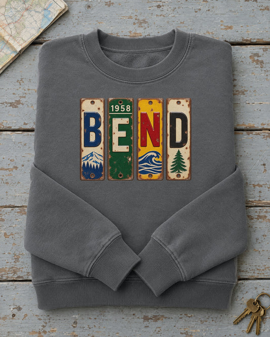 Bend, Oregon vintage license plate sweatshirt in Pepper