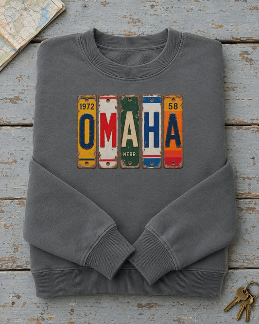 Omaha, Nebraska vintage license plate sweatshirt in Pepper