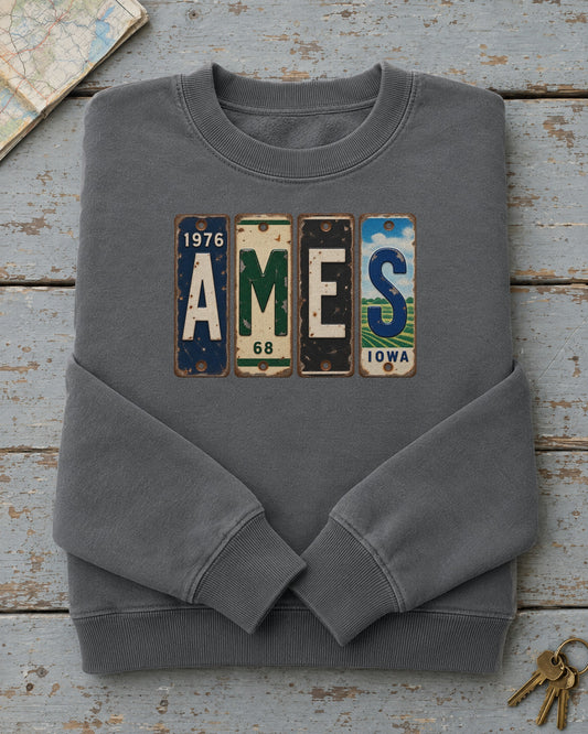 Ames, Iowa vintage license plate sweatshirt in Pepper