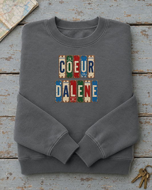 Coeur d'Alene, Idaho vintage license plate sweatshirt in Pepper