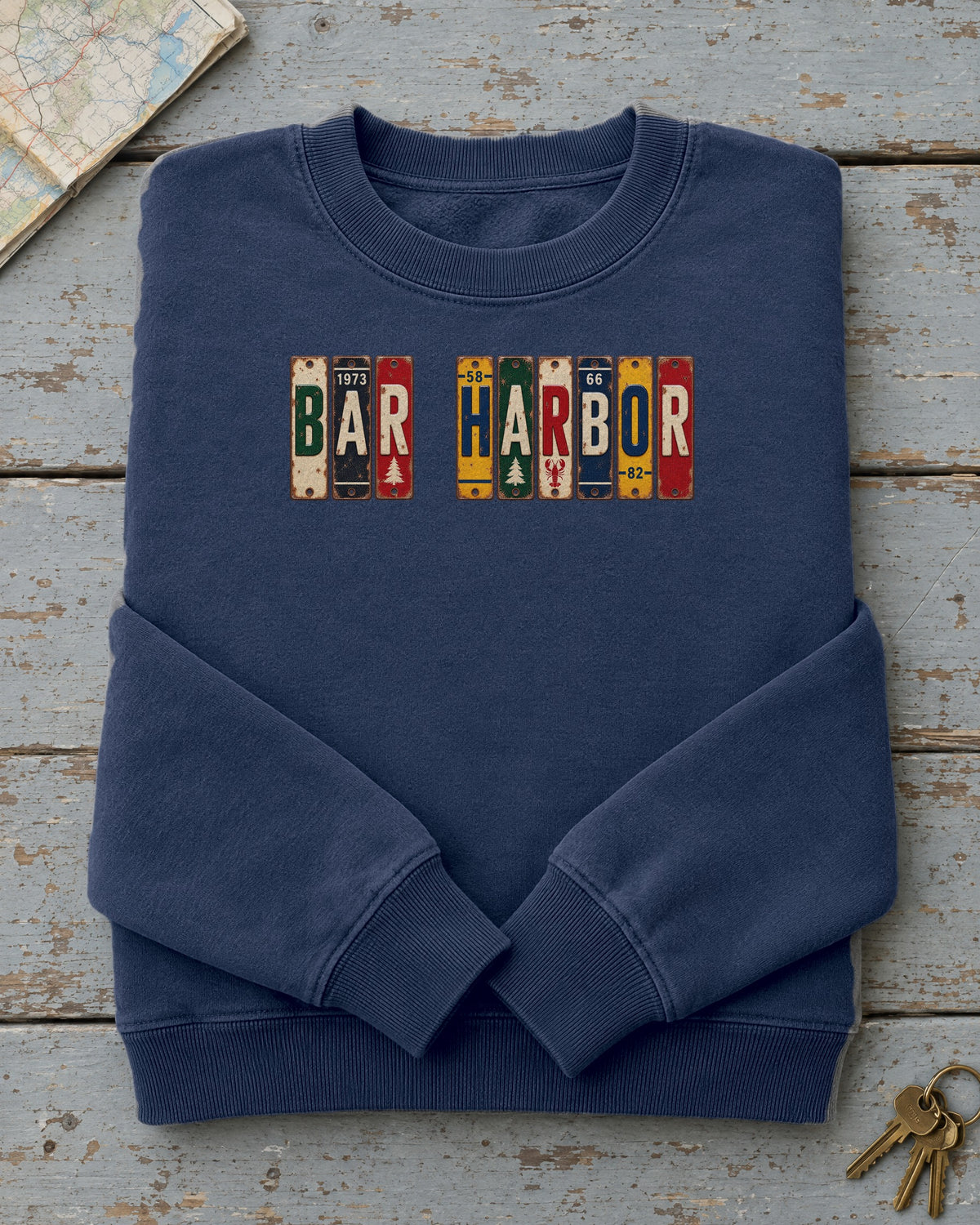 Bar Harbor, Maine vintage license plate sweatshirt in True Navy