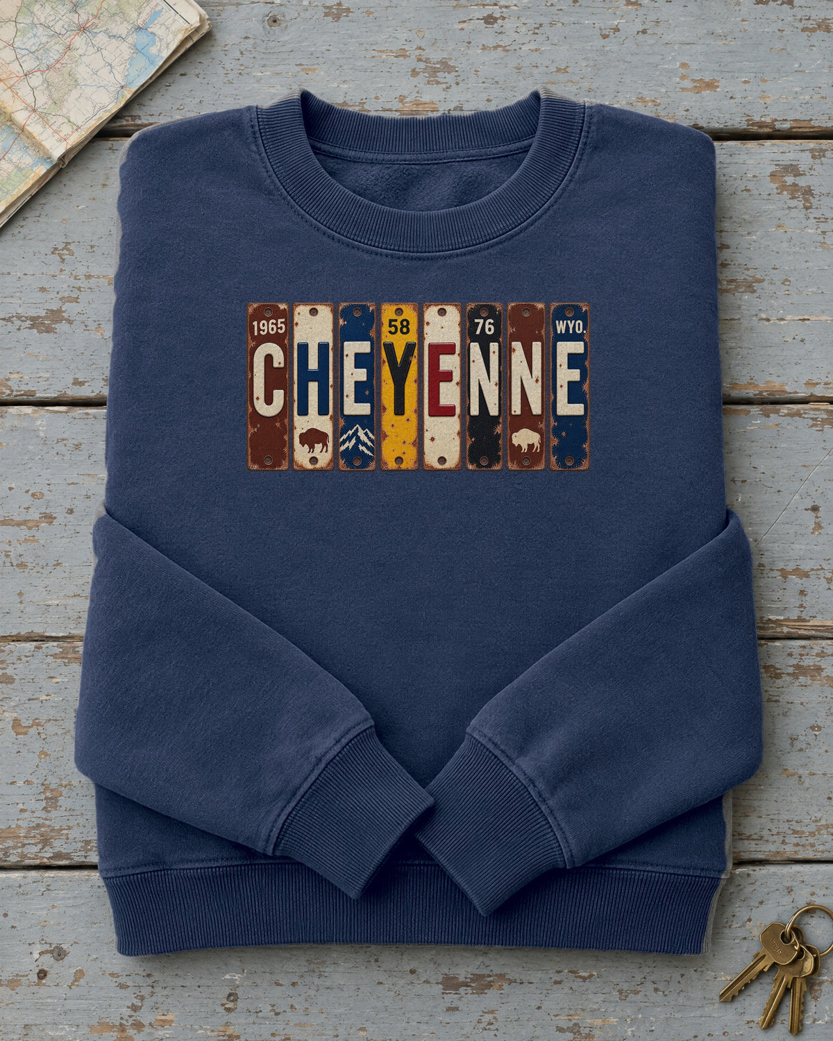 Cheyenne, Wyoming vintage license plate sweatshirt in True Navy