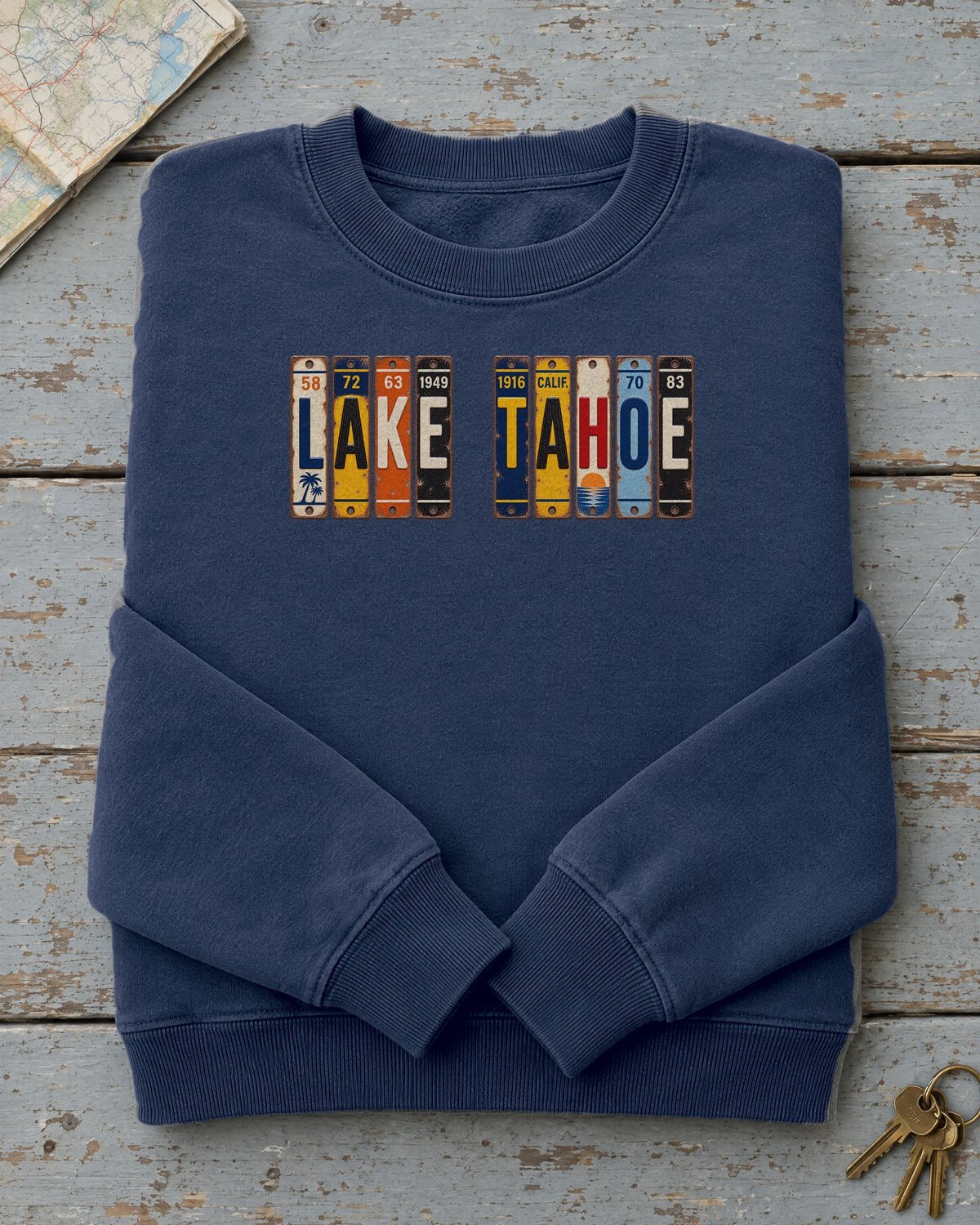 Lake Tahoe, California vintage license plate sweatshirt in True Navy