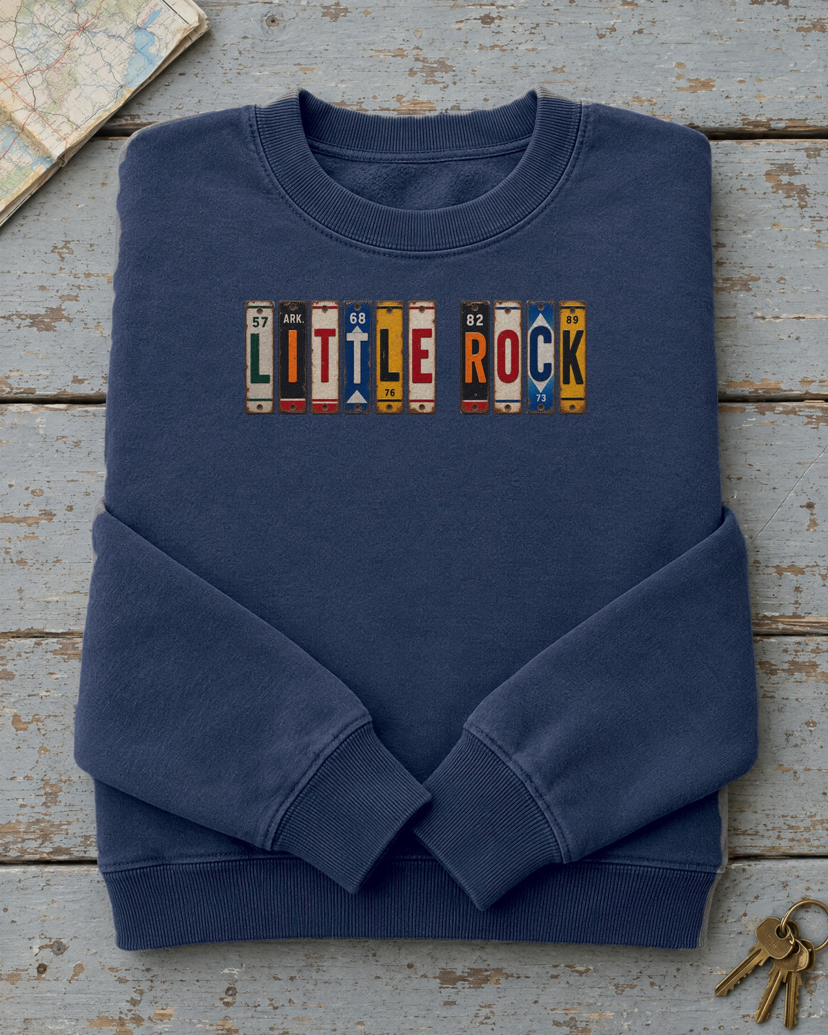 Little Rock, Arkansas vintage license plate sweatshirt in True Navy