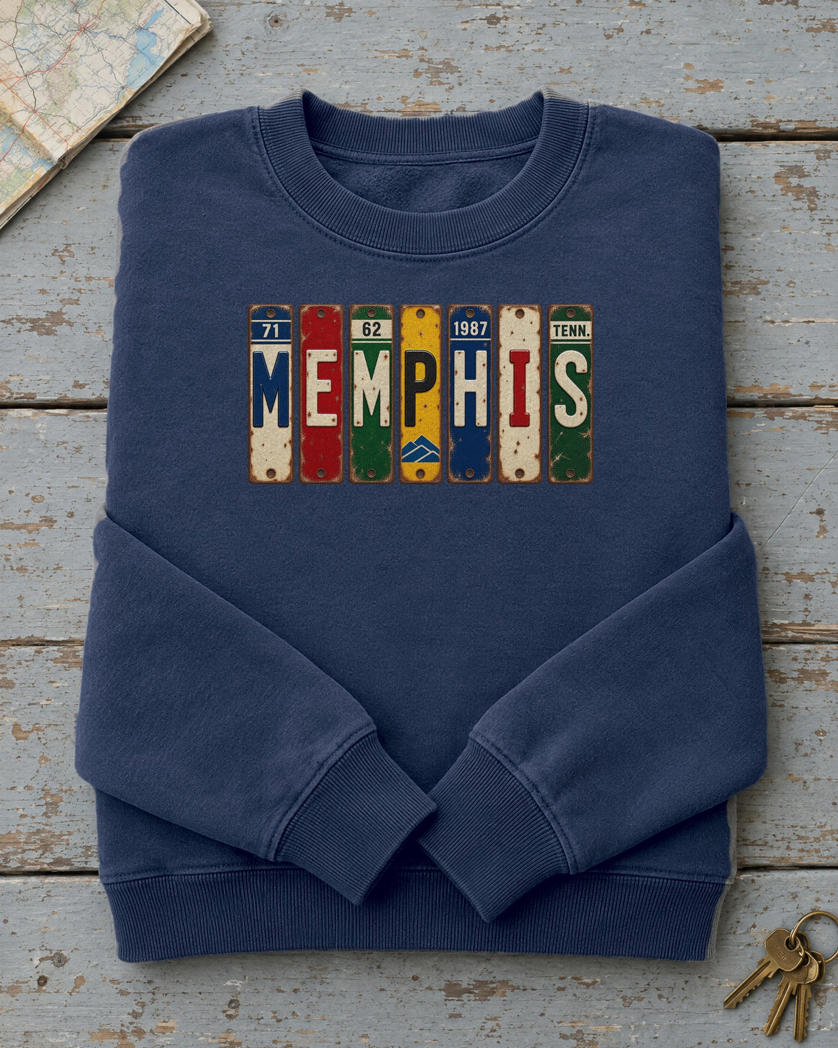Memphis, Tennessee vintage license plate sweatshirt in True Navy