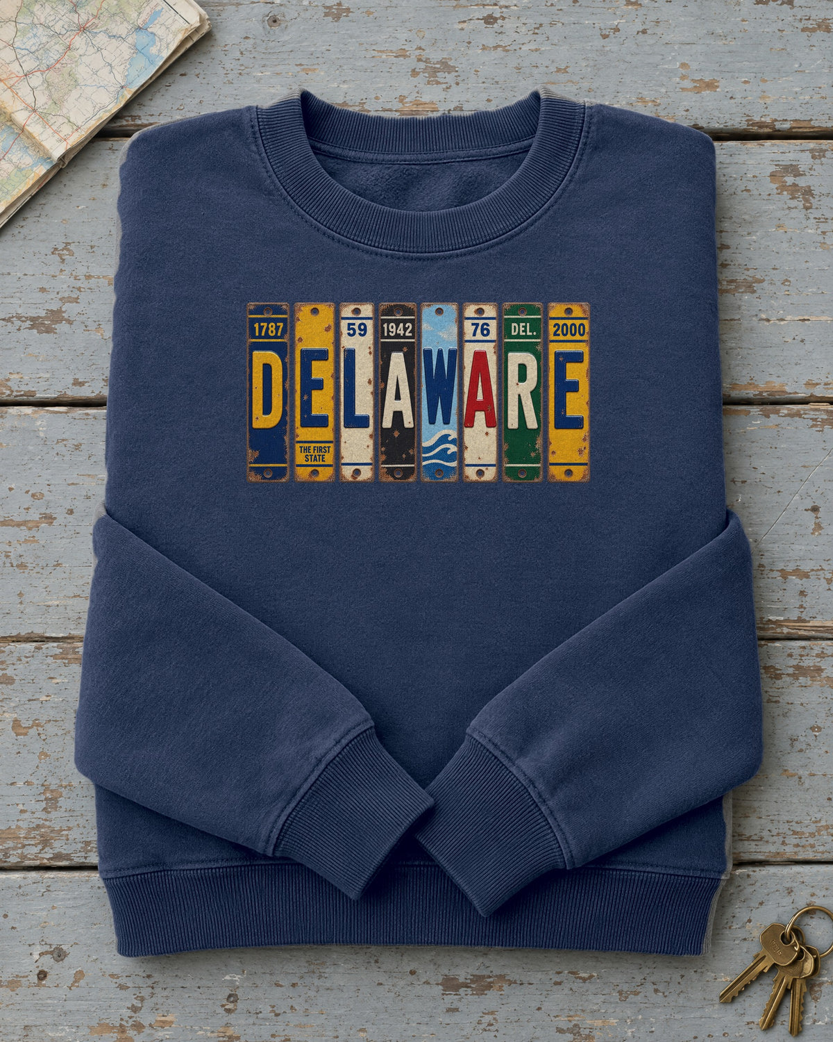 Delaware vintage license plate sweatshirt in True Navy
