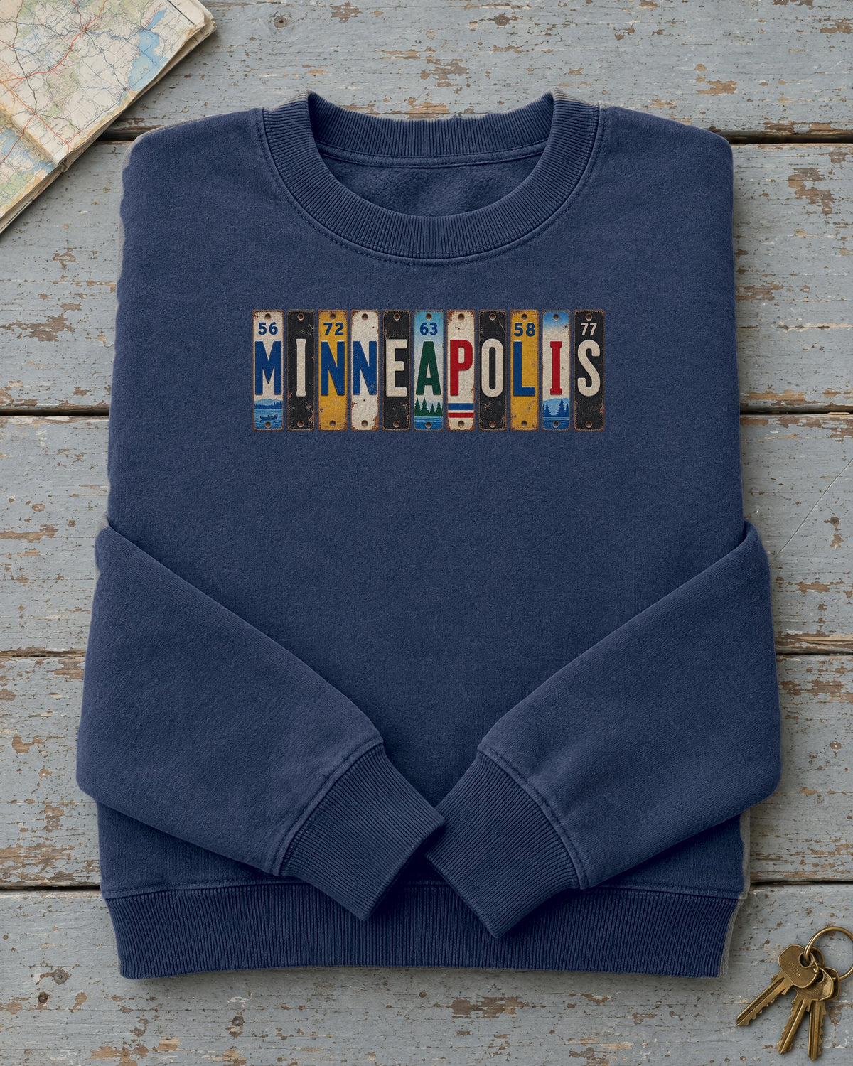 Minneapolis, Minnesota vintage license plate sweatshirt in True Navy