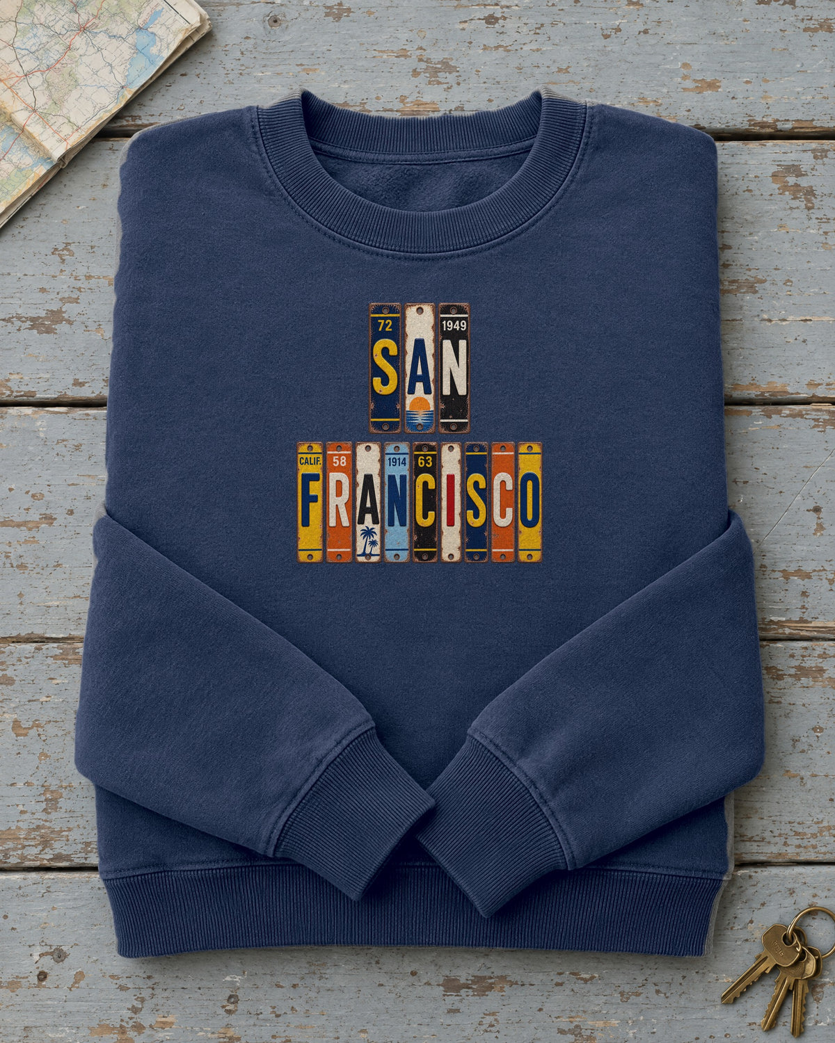 San Francisco, California vintage license plate sweatshirt in True Navy