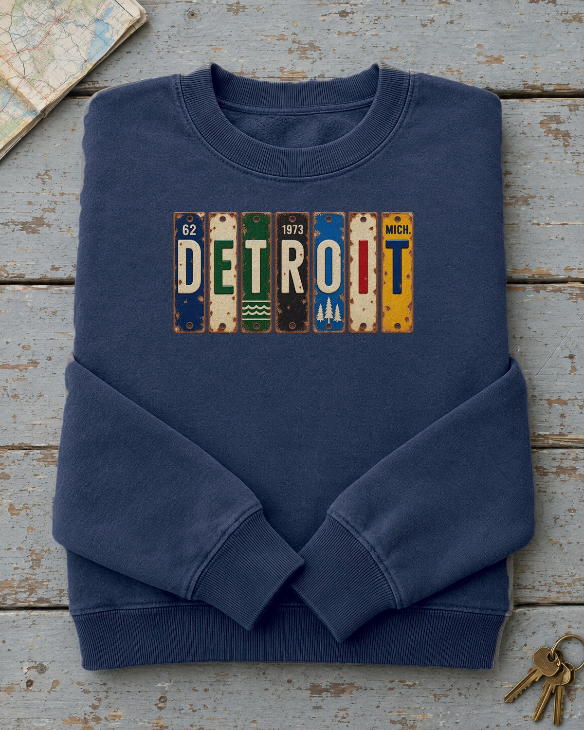 Detroit, Michigan vintage license plate sweatshirt in True Navy