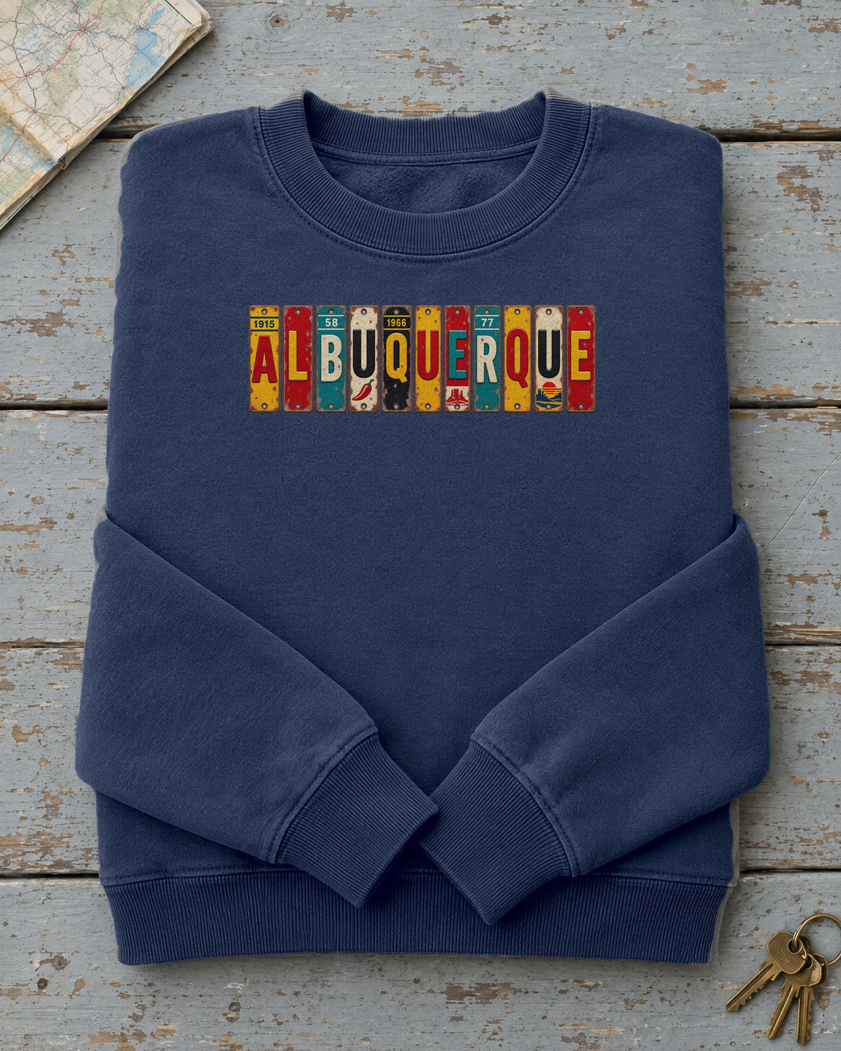 Albuquerque, New Mexico vintage license plate sweatshirt in True Navy