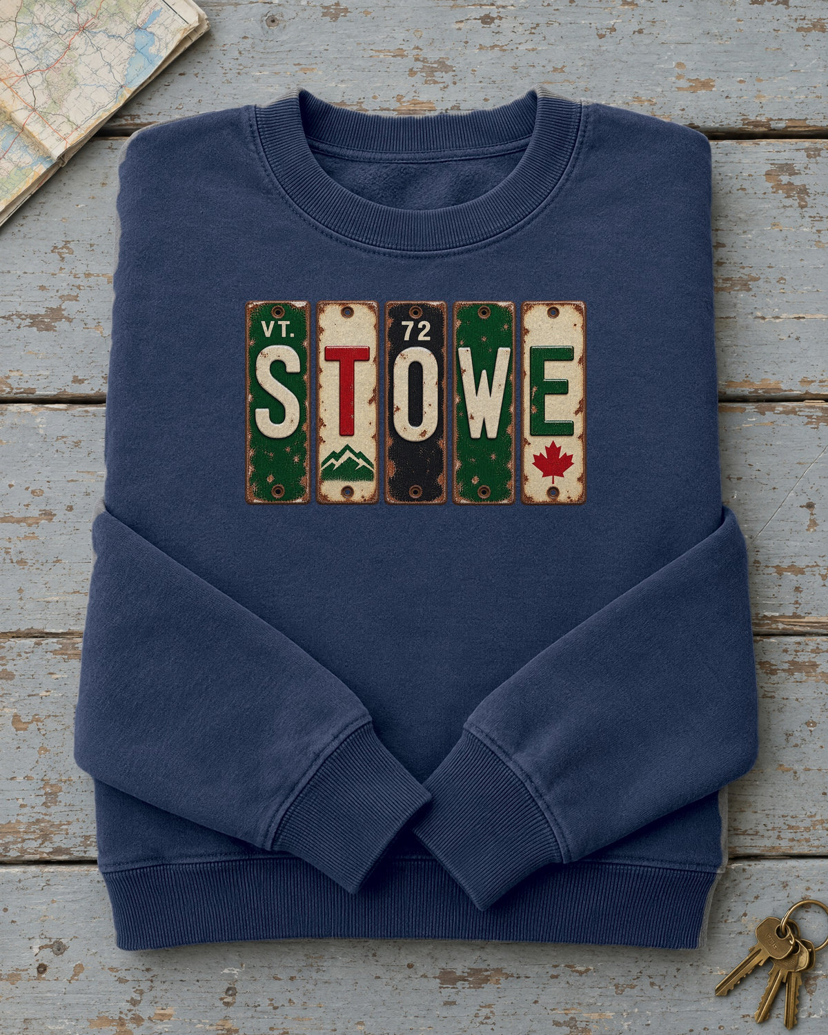 Stowe, Vermont vintage license plate sweatshirt in True Navy