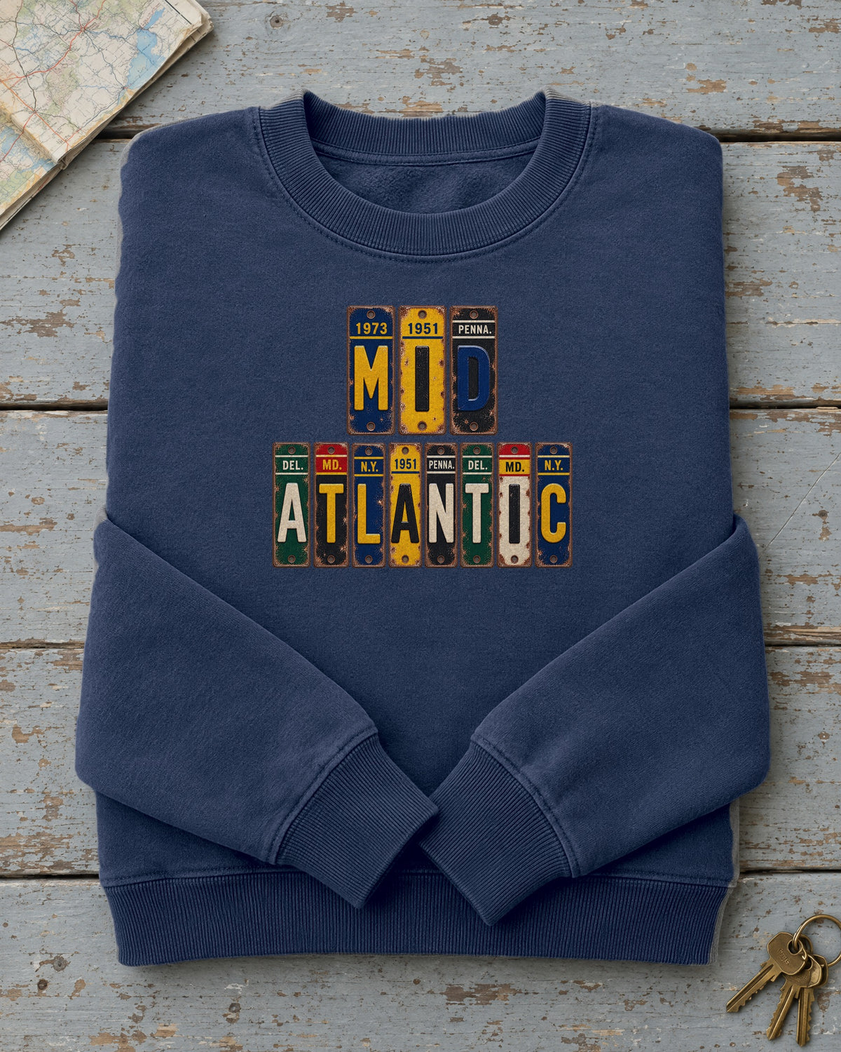Mid-Atlantic vintage license plate sweatshirt in True Navy