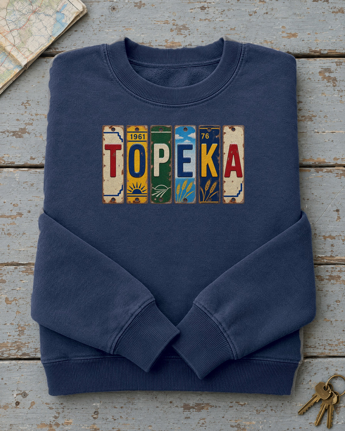Topeka, Kansas vintage license plate sweatshirt in True Navy