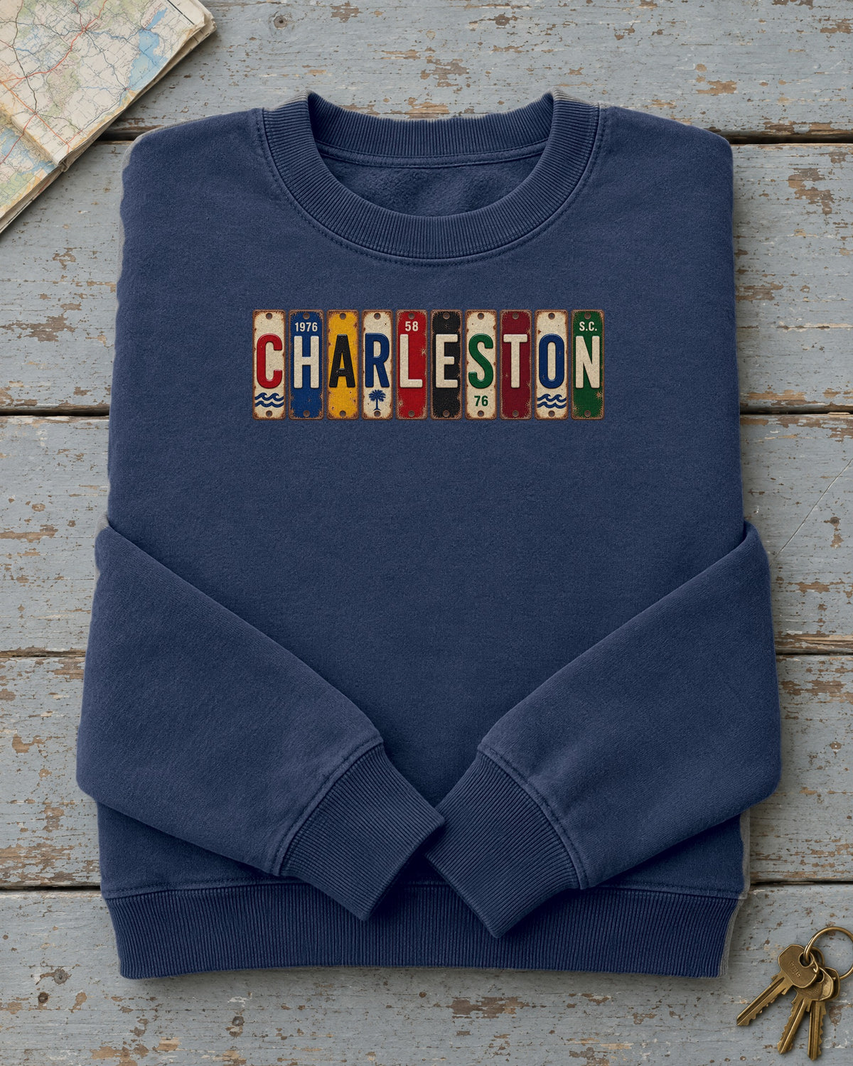 Charleston, South Carolina vintage license plate sweatshirt in True Navy