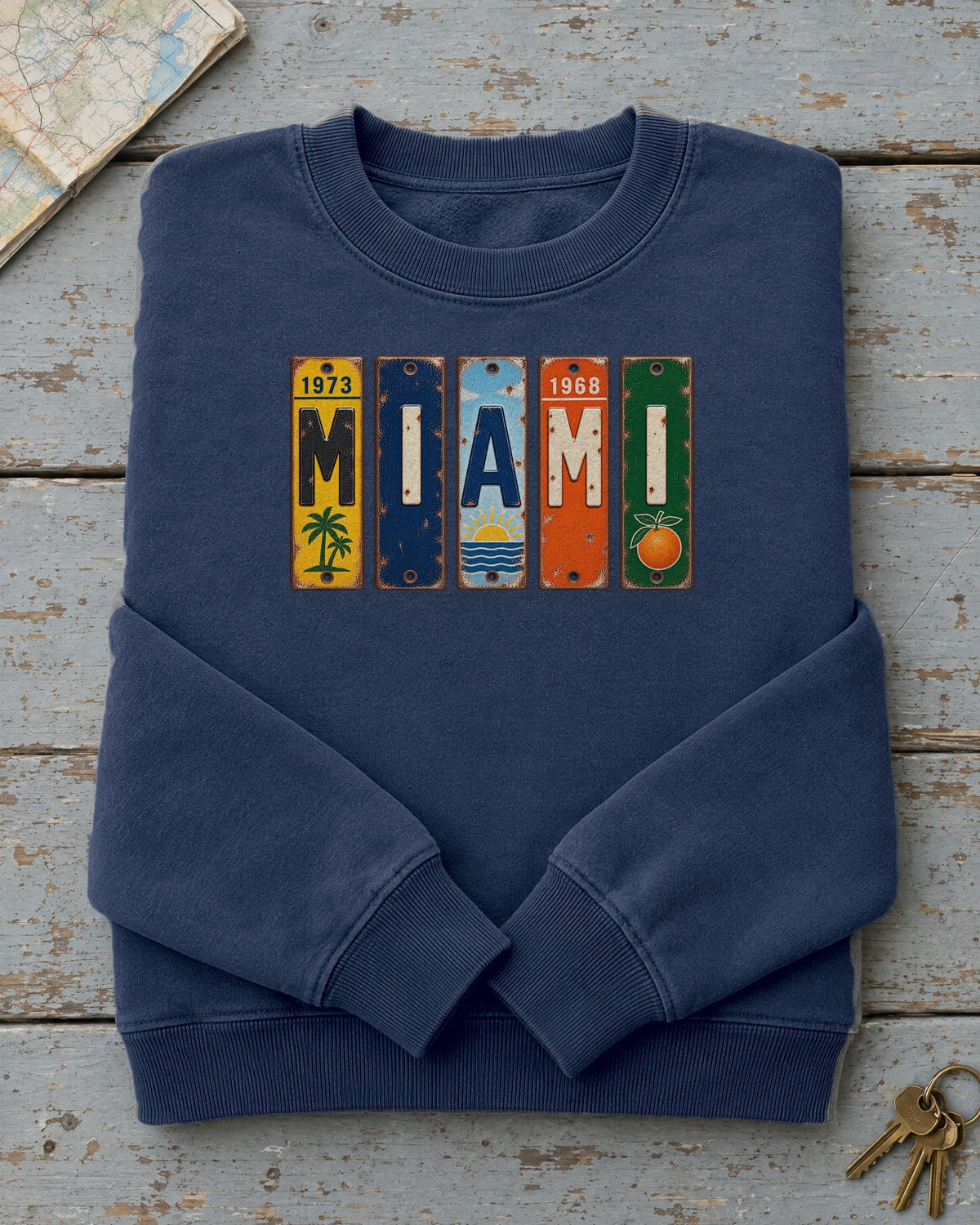 Miami, Florida vintage license plate sweatshirt in True Navy