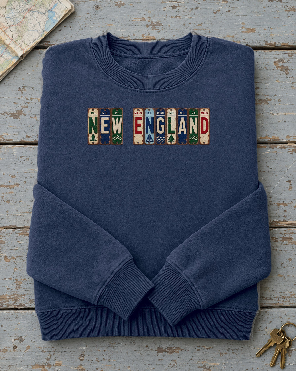 New England vintage license plate sweatshirt in True Navy