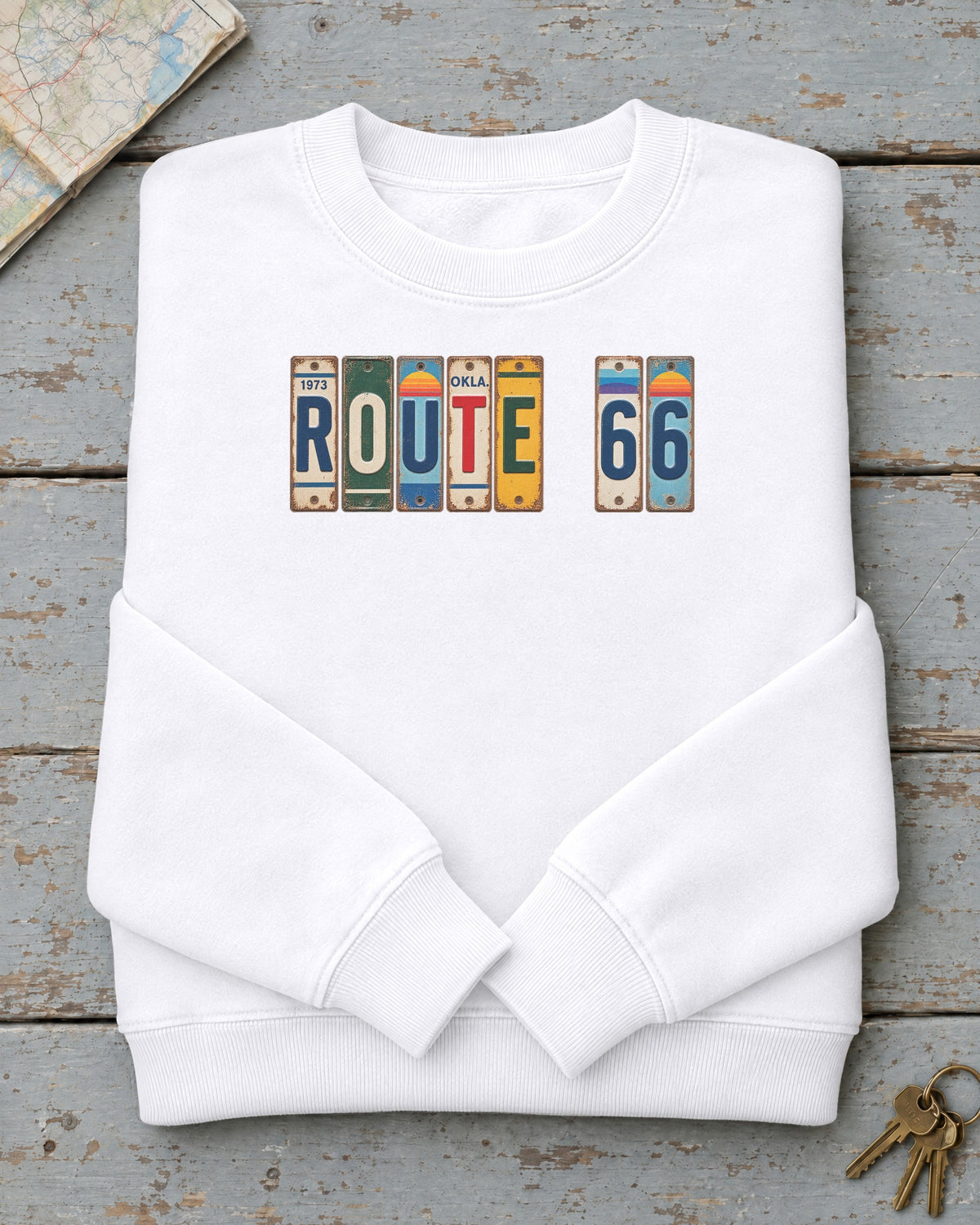 Route 66, Oklahoma vintage license plate sweatshirt in White