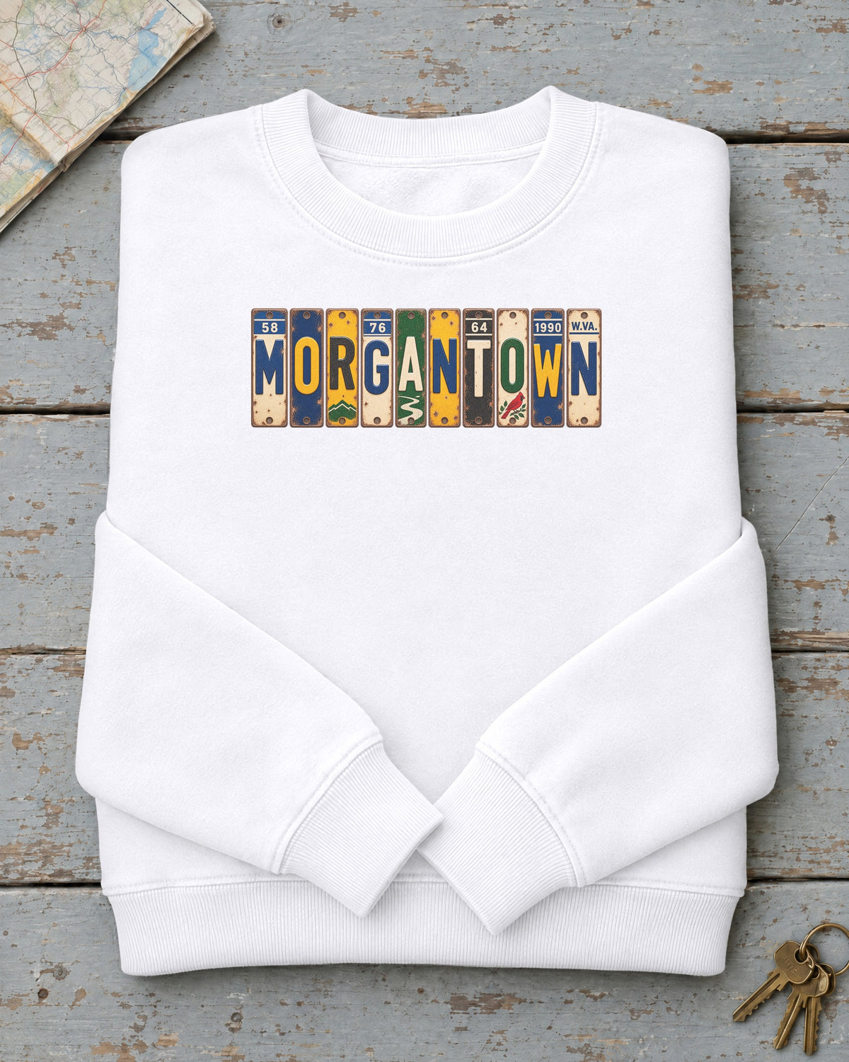 Morgantown, West Virginia vintage license plate sweatshirt in White